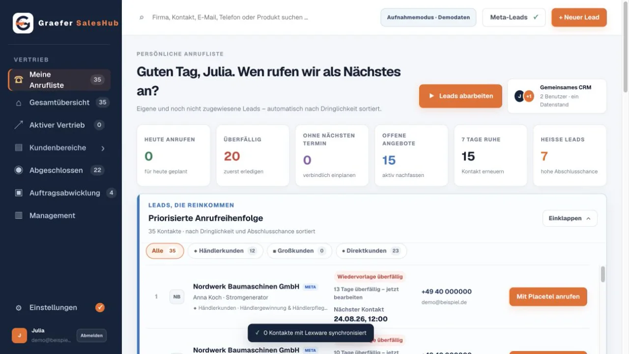 Echte SalesHub Arbeitsliste mit systemisch eingesetzten Demodaten